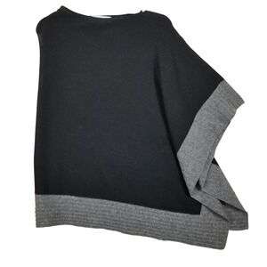 Celeste Women Wool Cashmere  Poncho Black Grey Colorblock Knit Wrap One Size